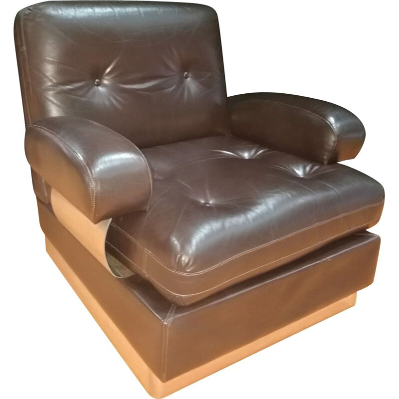 Vintage chocolate color leather armchair 1970