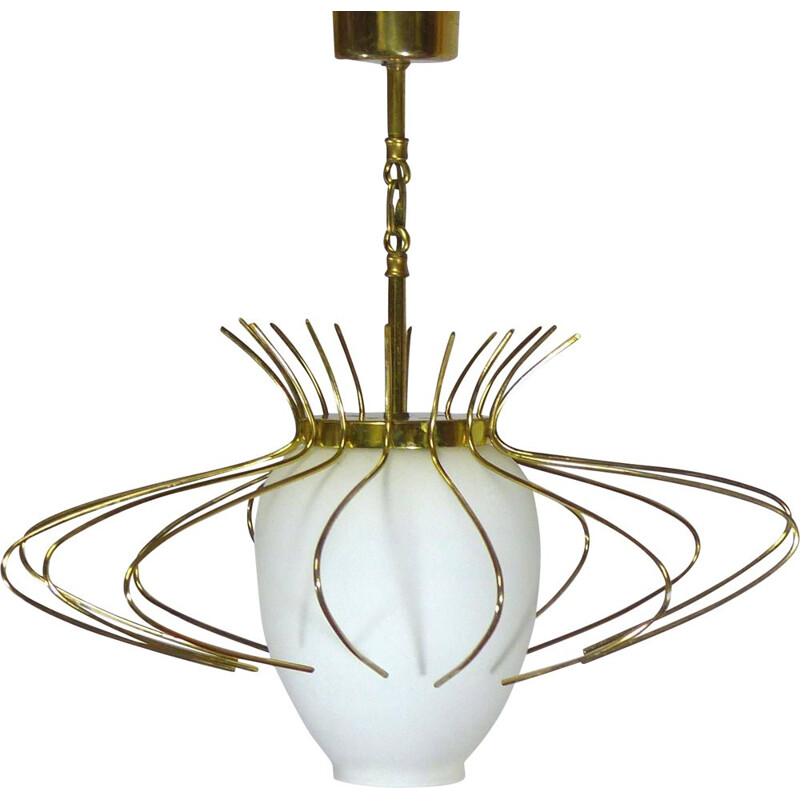Vintage hanging lamp in opaline glass and brass hoops 