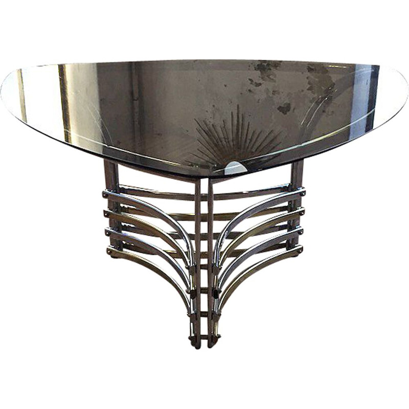 Vintage dining table in smoked glass and chromed metal, Italy, 1970