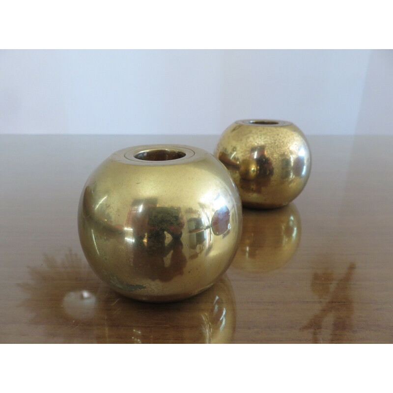 Pair of vintage solid brass "boule" candleholders by Jens Quistgaard, 1970s