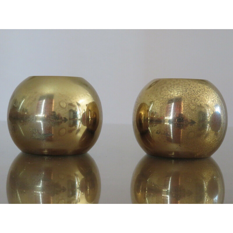 Pair of vintage solid brass "boule" candleholders by Jens Quistgaard, 1970s