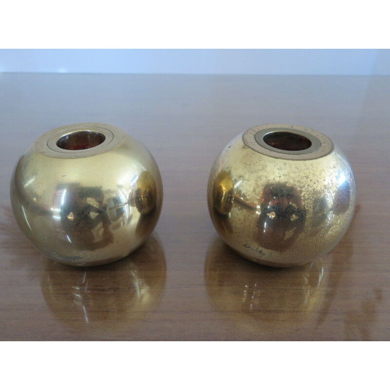 Pair of vintage solid brass "boule" candleholders by Jens Quistgaard, 1970s