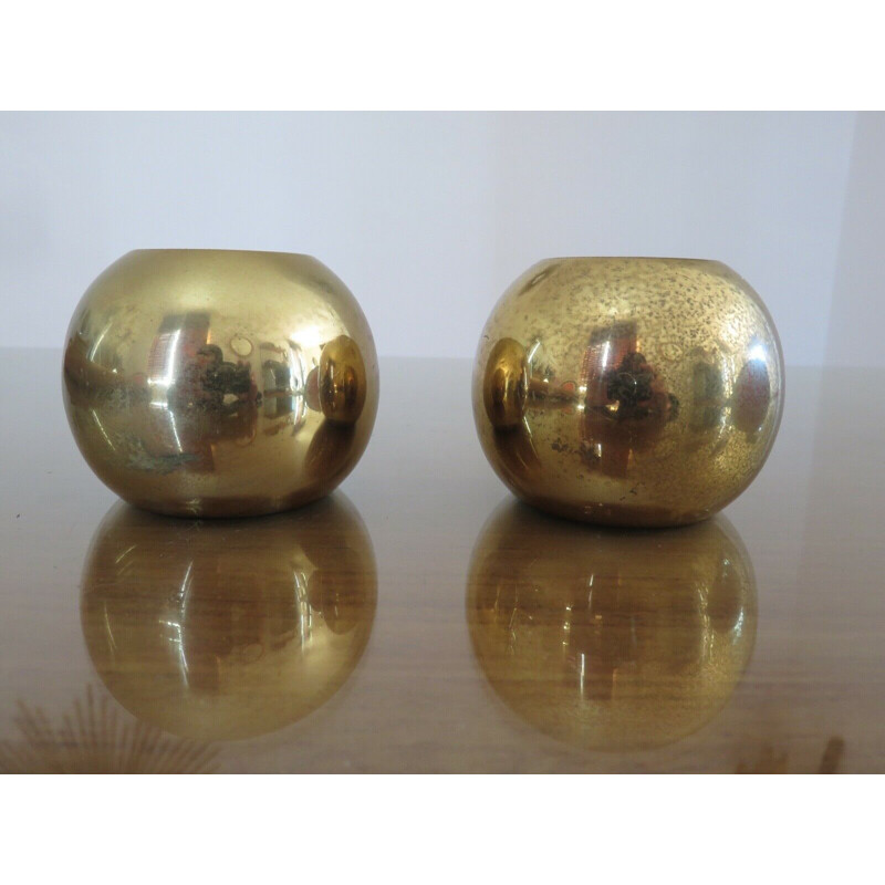 Pair of vintage solid brass "boule" candleholders by Jens Quistgaard, 1970s