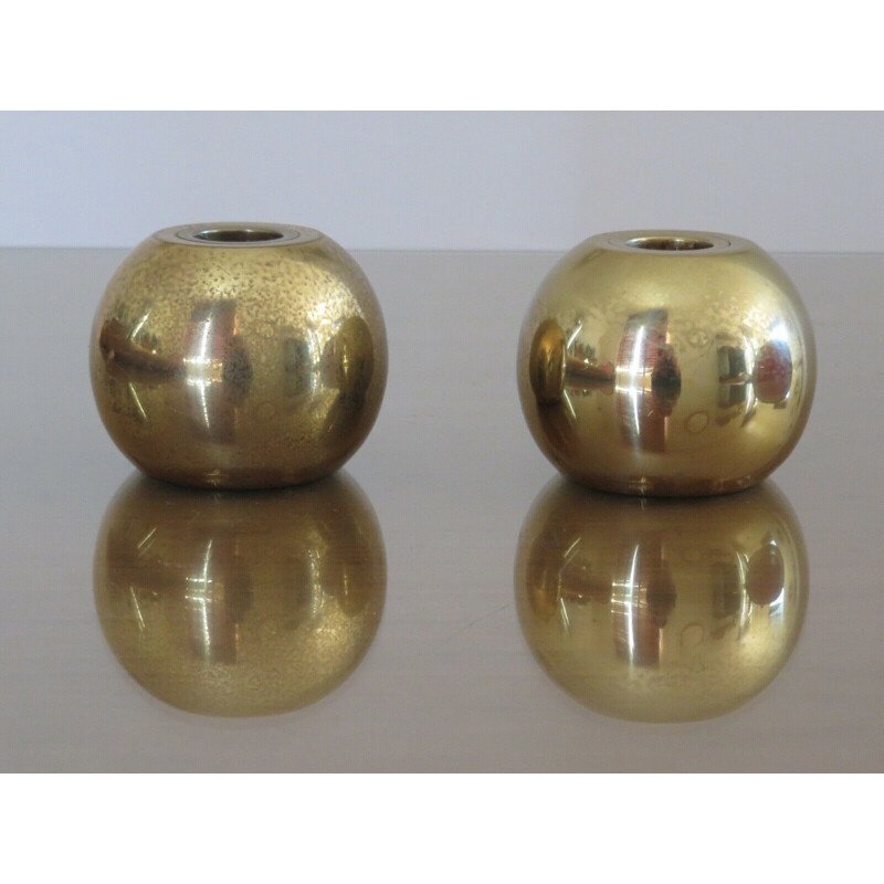 Pair of vintage solid brass "boule" candleholders by Jens Quistgaard, 1970s