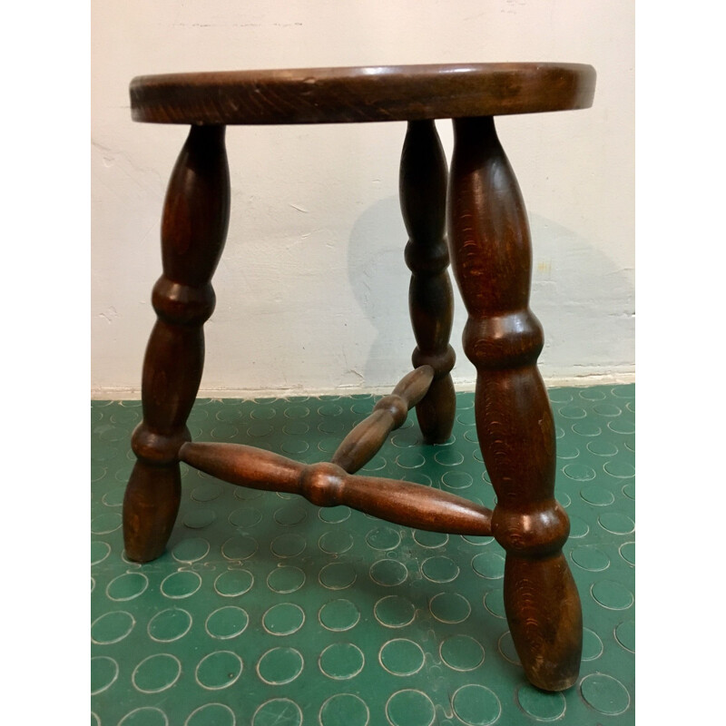 Vintage varnished wood tripod stool, 1980s