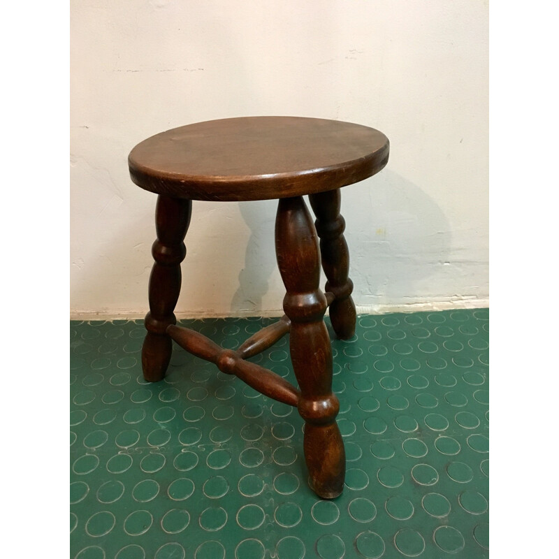 Vintage varnished wood tripod stool, 1980s