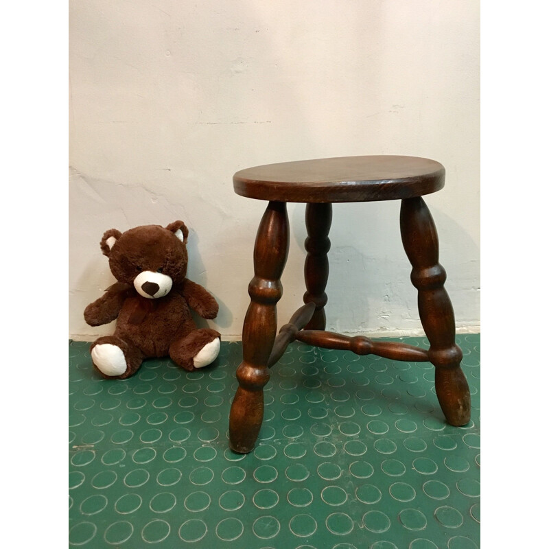 Tabouret tripode vintage en bois verni, 1980