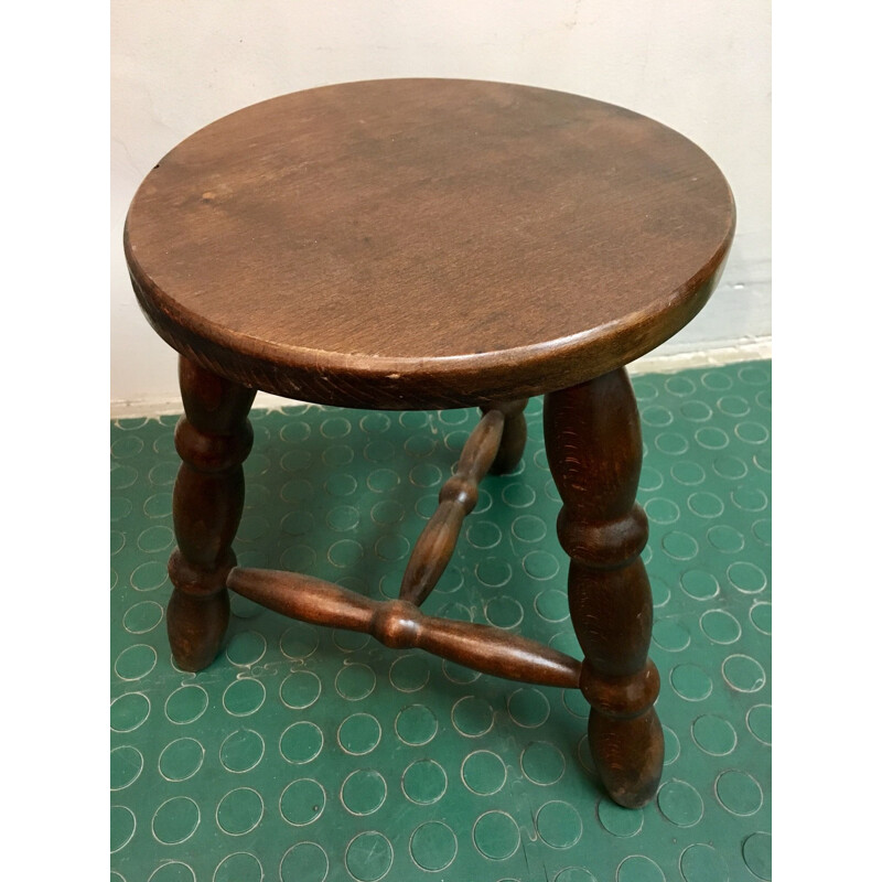 Vintage varnished wood tripod stool, 1980s