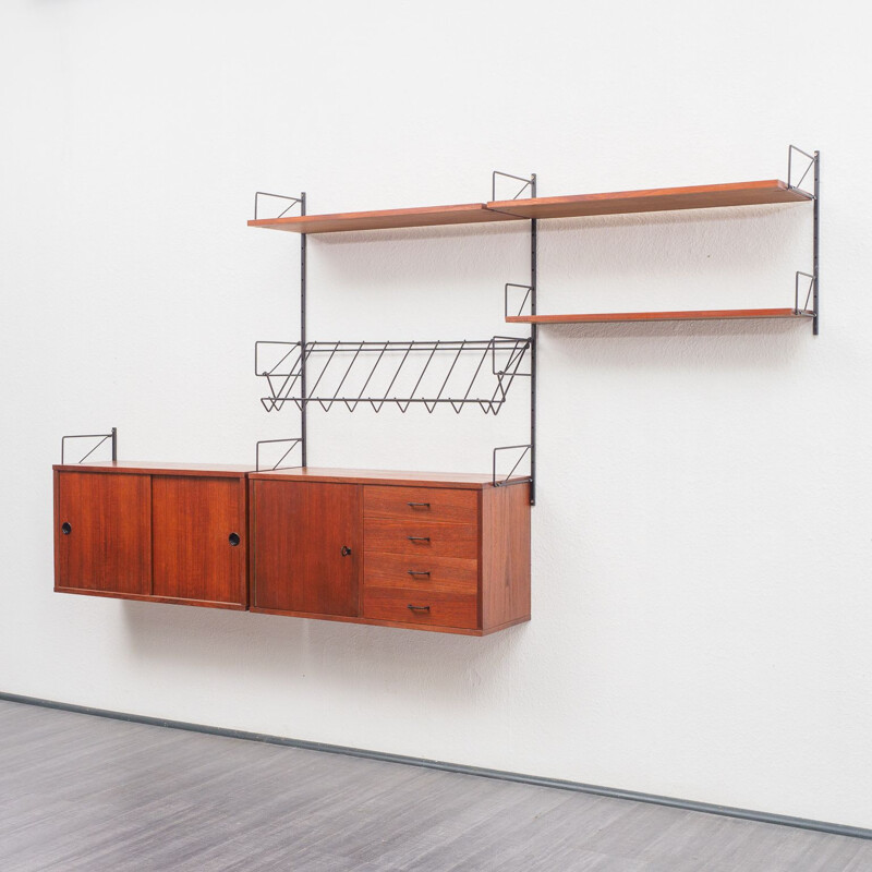 Vintage teak wall shelving system, 1960s