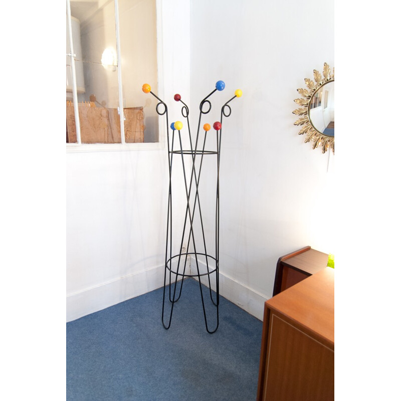 "Clé de sol" coat rack in metal and wood, Roger FERAUD - 1950s