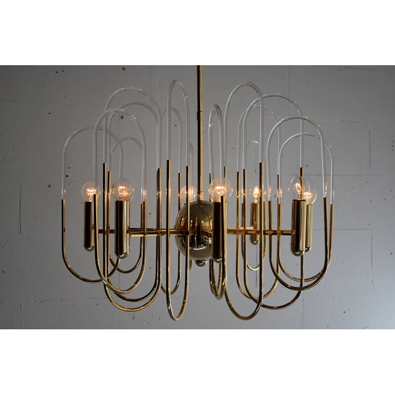 Vintage Hollywood Regency Brass and Glass Chandelier by Gaetano Sciolari 