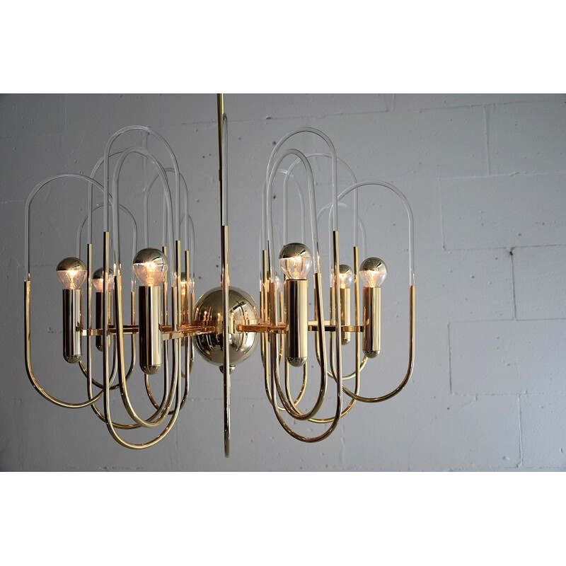 Vintage Hollywood Regency Brass and Glass Chandelier by Gaetano Sciolari 