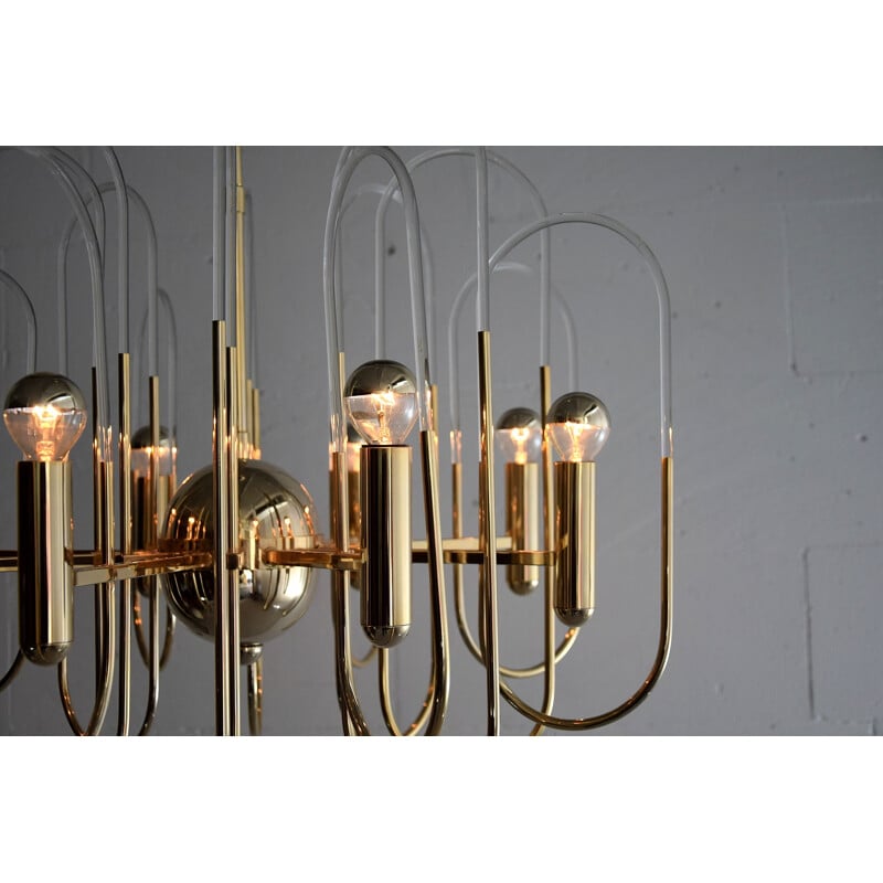 Vintage Hollywood Regency Brass and Glass Chandelier by Gaetano Sciolari 