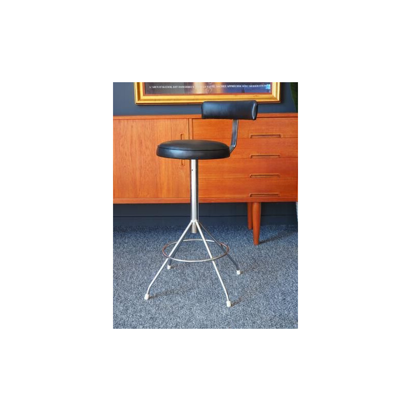 Vintage industrial factory stool in padded black vinyl