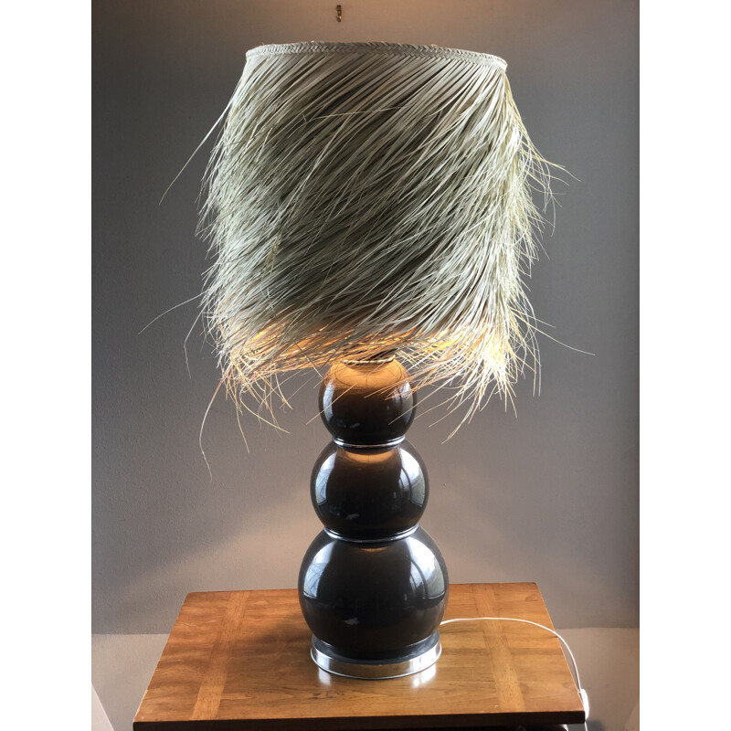 Large vintage lamp with stacked balls and natural palm fibre shade 1970