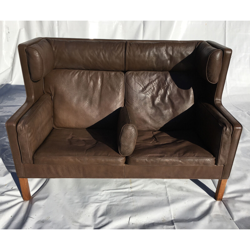Brown leather 2 seater vintage high back sofa by Borge Mogensen
