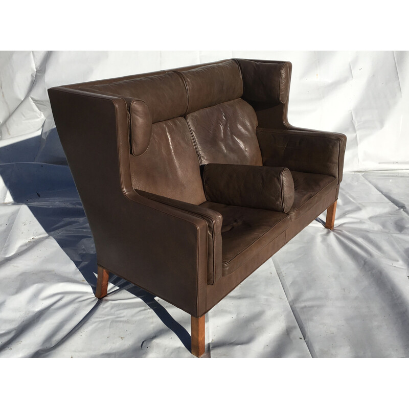 Brown leather 2 seater vintage high back sofa by Borge Mogensen