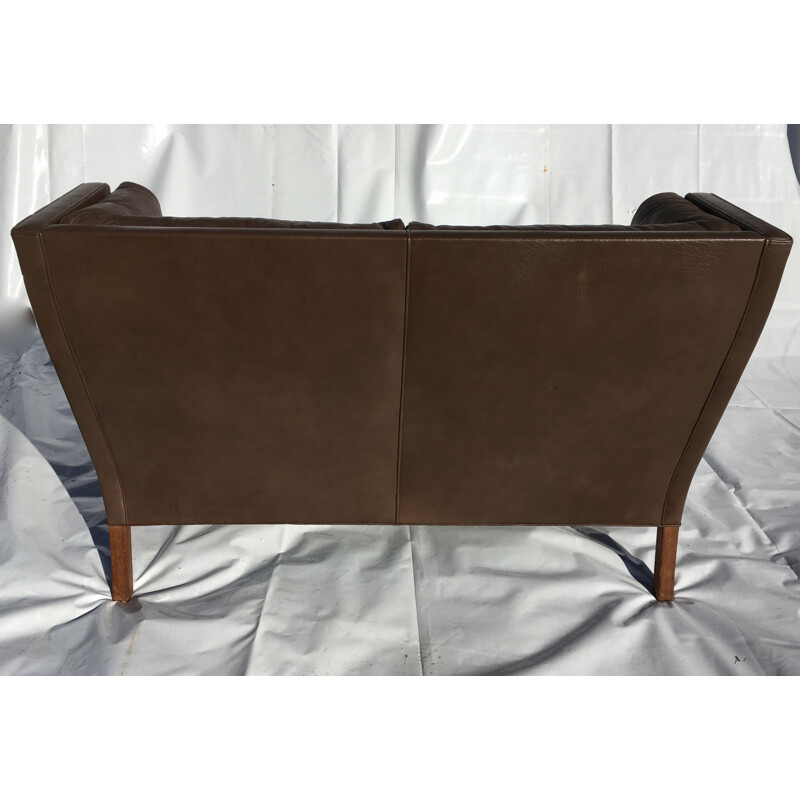 Brown leather 2 seater vintage high back sofa by Borge Mogensen