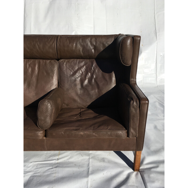 Brown leather 2 seater vintage high back sofa by Borge Mogensen