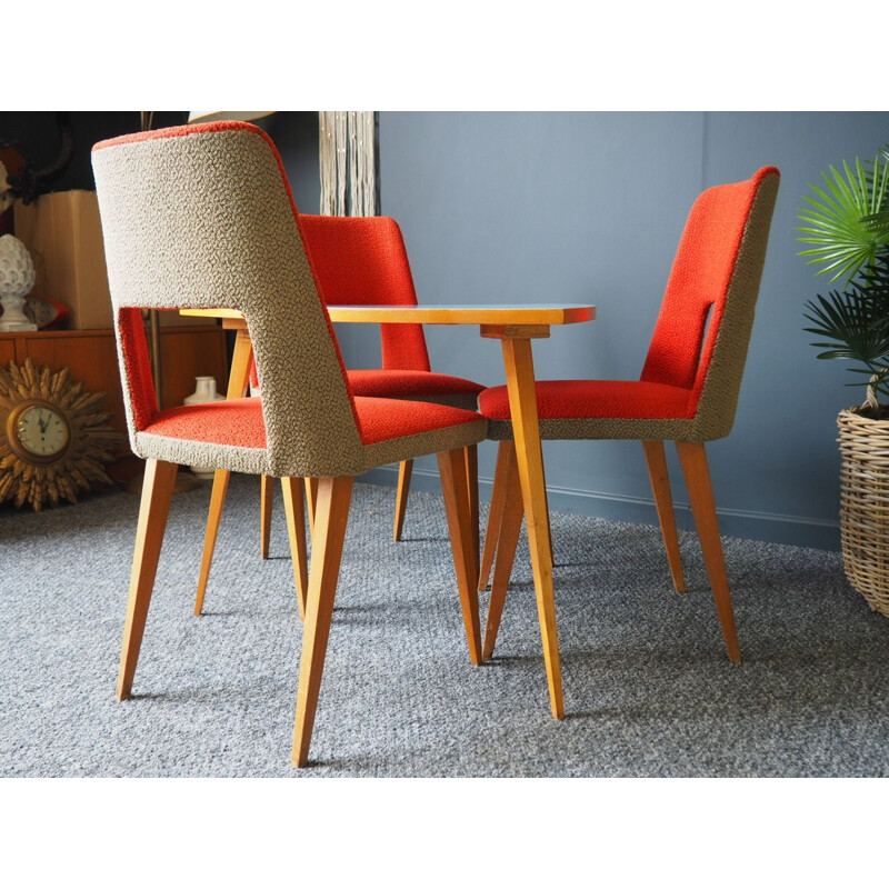 Vintage orange dining set with 3 chairs, 1960