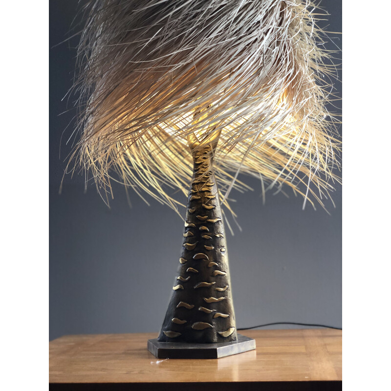 Paire de lampes vintage en bronze avec abat jour en fibre de palmier par Ottaviani 1960