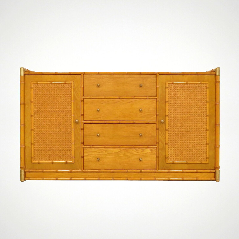 Vintage faux bamboo sideboard with rattan and brass details, 1970s