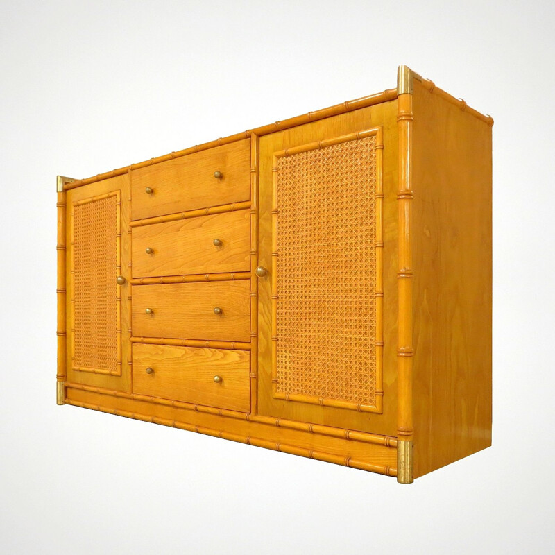 Vintage faux bamboo sideboard with rattan and brass details, 1970s