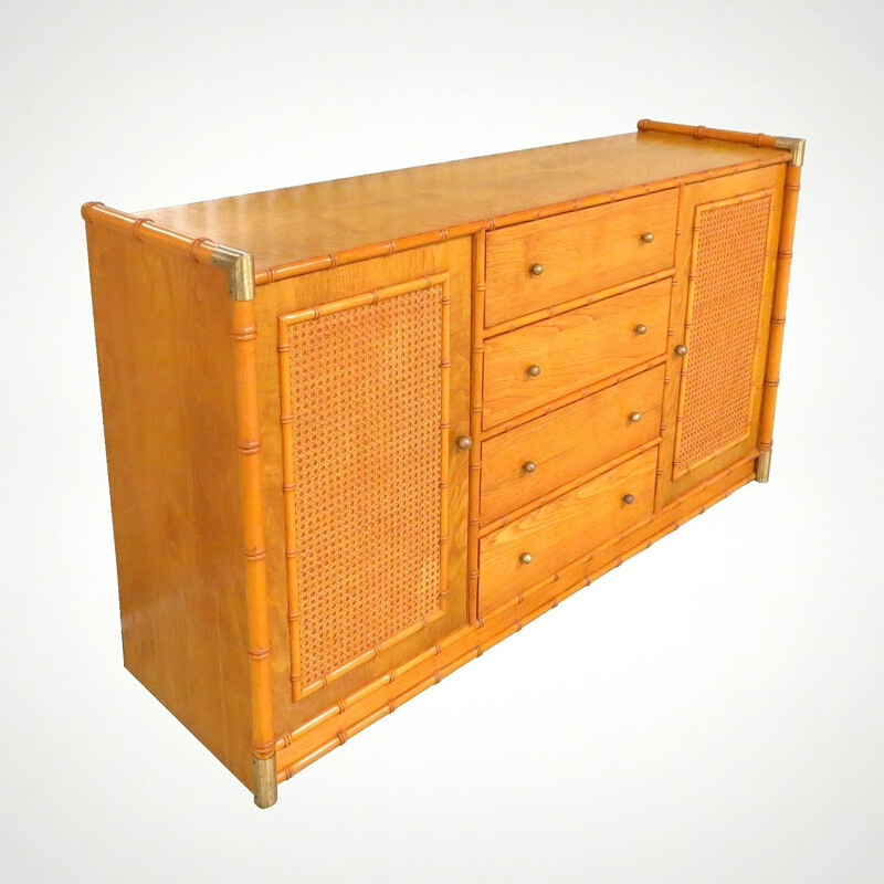 Vintage faux bamboo sideboard with rattan and brass details, 1970s