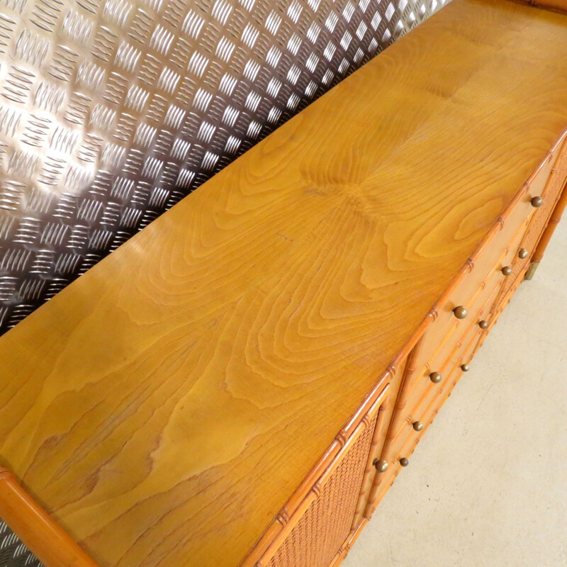 Vintage faux bamboo sideboard with rattan and brass details, 1970s