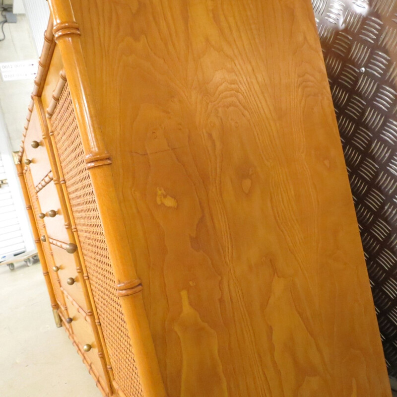 Vintage faux bamboo sideboard with rattan and brass details, 1970s