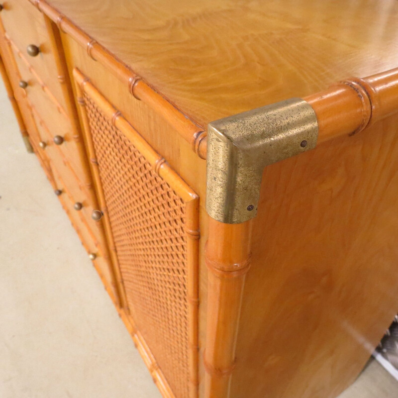 Vintage faux bamboo sideboard with rattan and brass details, 1970s