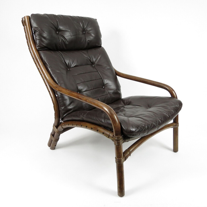 Vintage Danish leather and bamboo lounge chair, 1960s