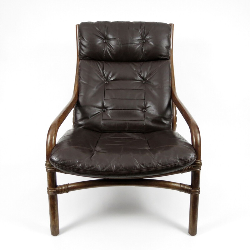 Fauteuil lounge vintage danois en cuir et bambou, années 1960