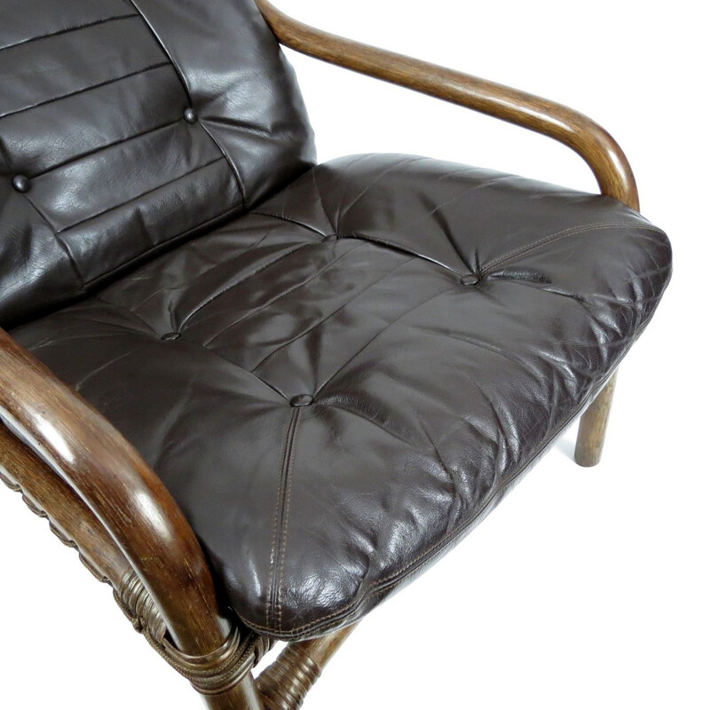 Vintage Danish leather and bamboo lounge chair, 1960s