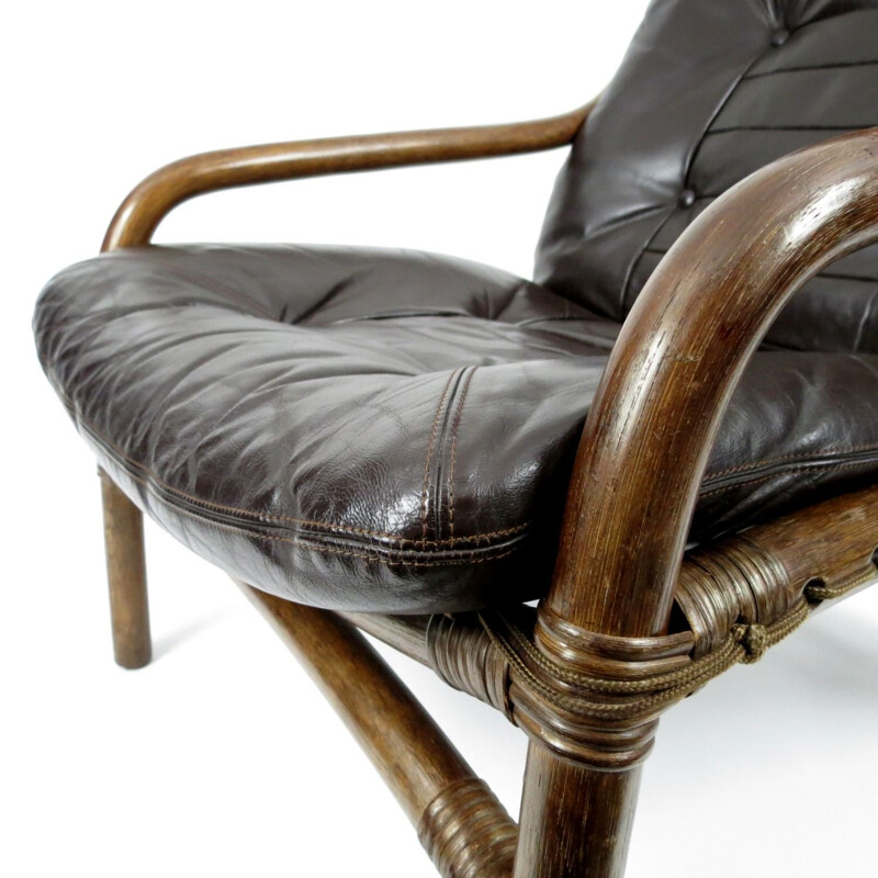 Vintage Danish leather and bamboo lounge chair, 1960s