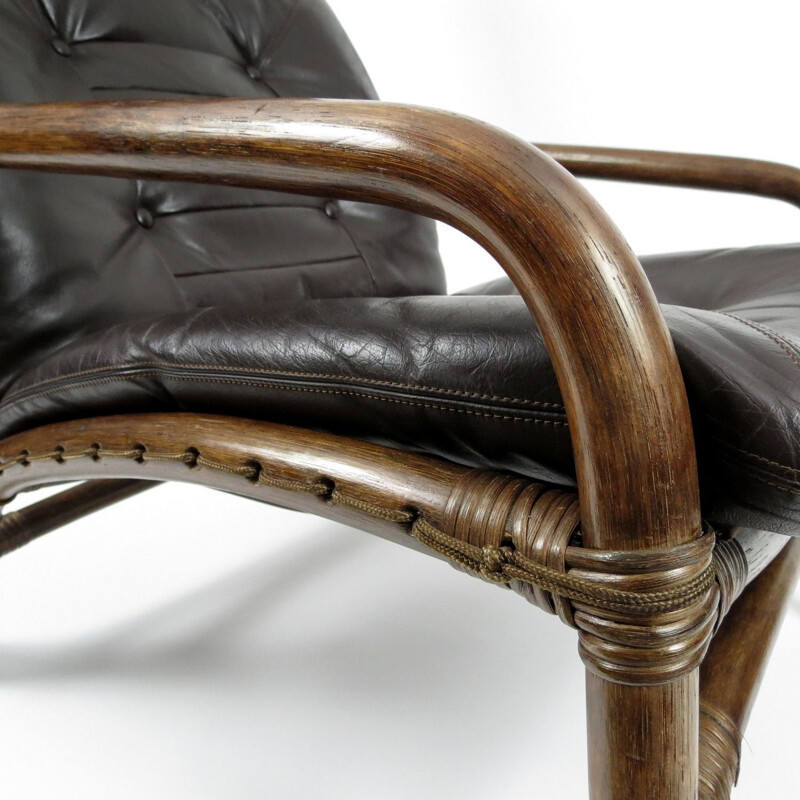 Vintage Danish leather and bamboo lounge chair, 1960s