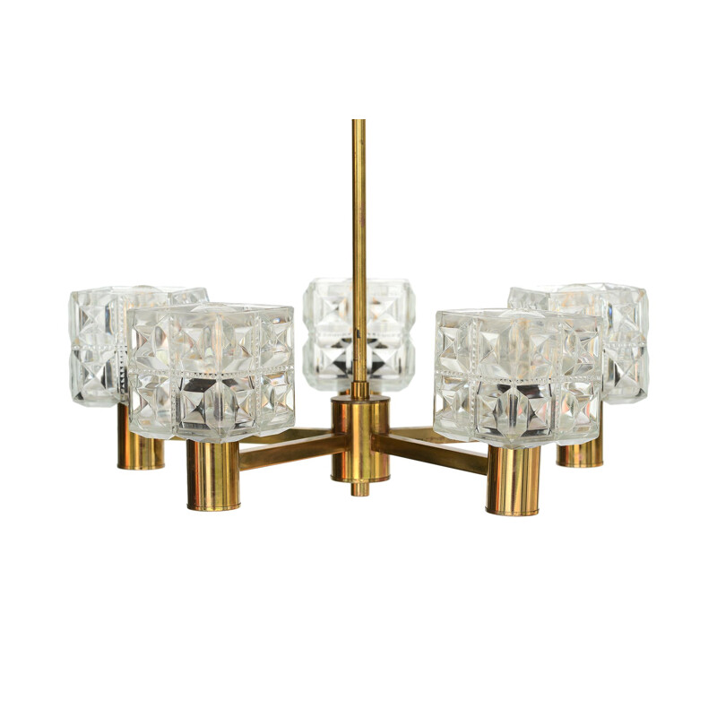 Five arm brass vintage chandelier with crystal shades from Tyringe Konsthantverk, Sweden, 1950s
