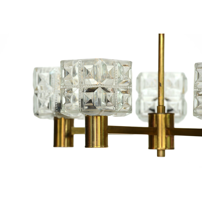 Five arm brass vintage chandelier with crystal shades from Tyringe Konsthantverk, Sweden, 1950s