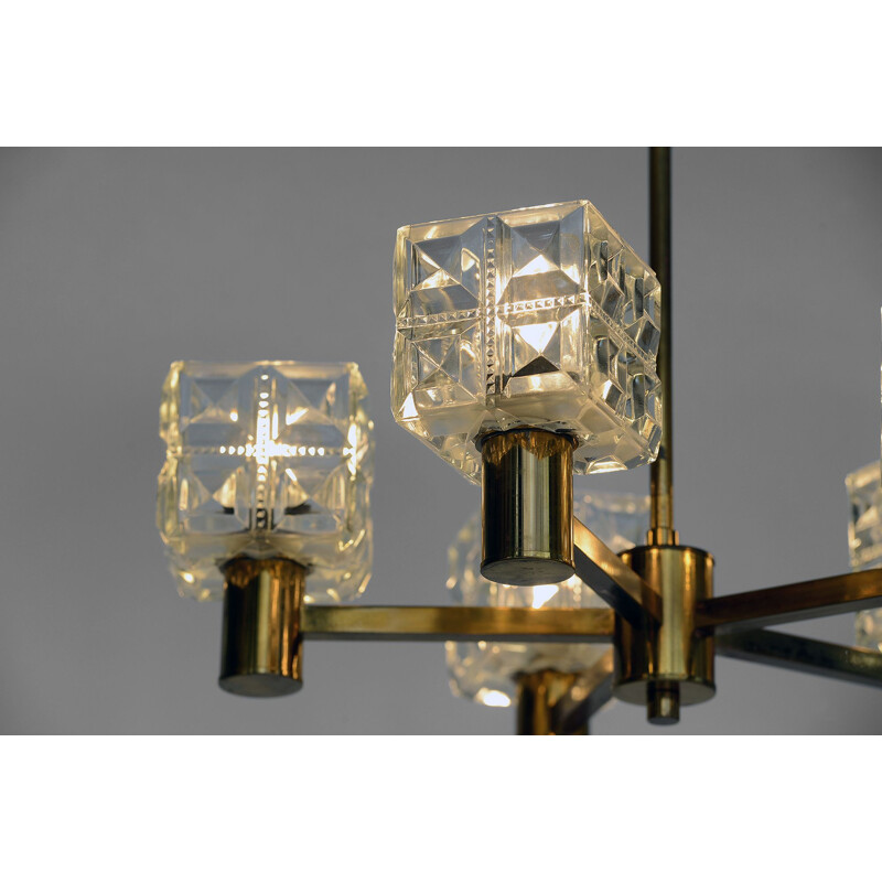 Five arm brass vintage chandelier with crystal shades from Tyringe Konsthantverk, Sweden, 1950s