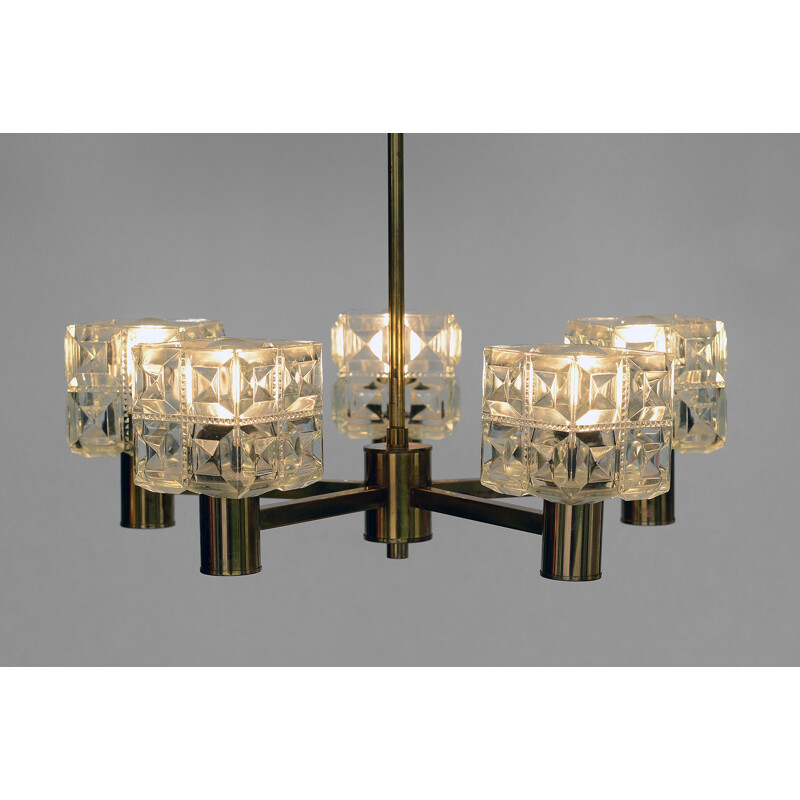 Five arm brass vintage chandelier with crystal shades from Tyringe Konsthantverk, Sweden, 1950s