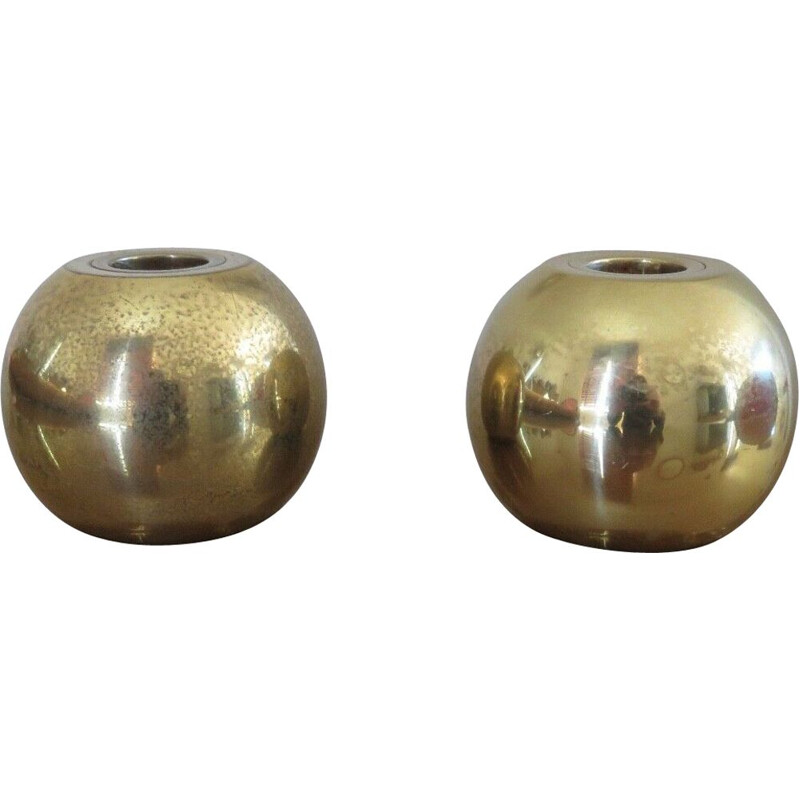 Pair of vintage solid brass "boule" candleholders by Jens Quistgaard, 1970s