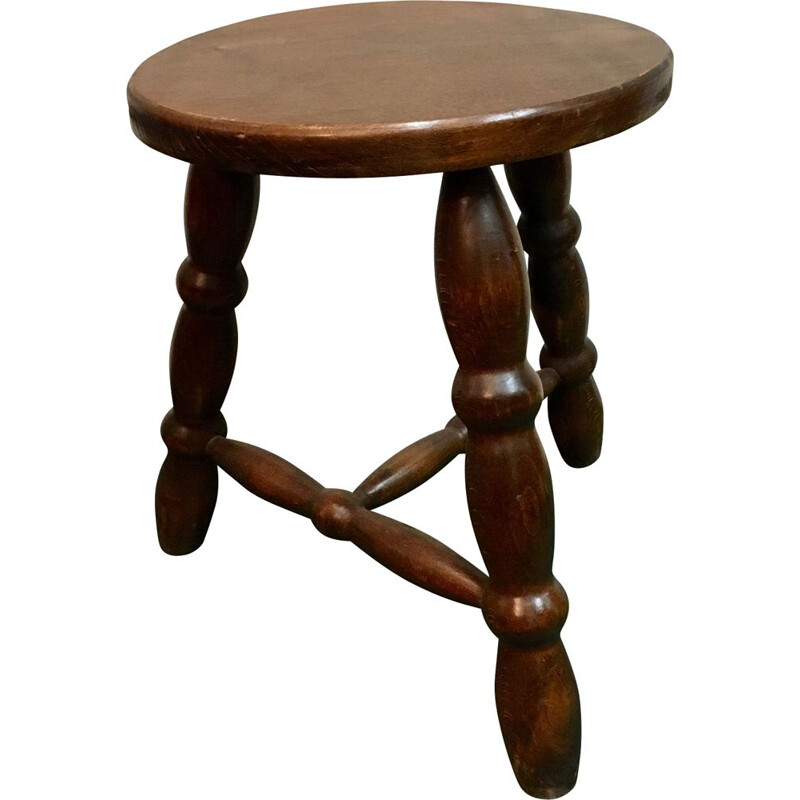 Vintage varnished wood tripod stool, 1980s