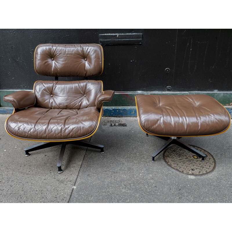 Eames brown vintage armchair and ottoman for Herman Miller US, 1970