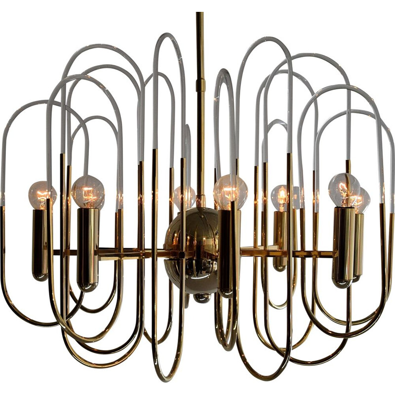 Vintage Hollywood Regency Brass and Glass Chandelier by Gaetano Sciolari 