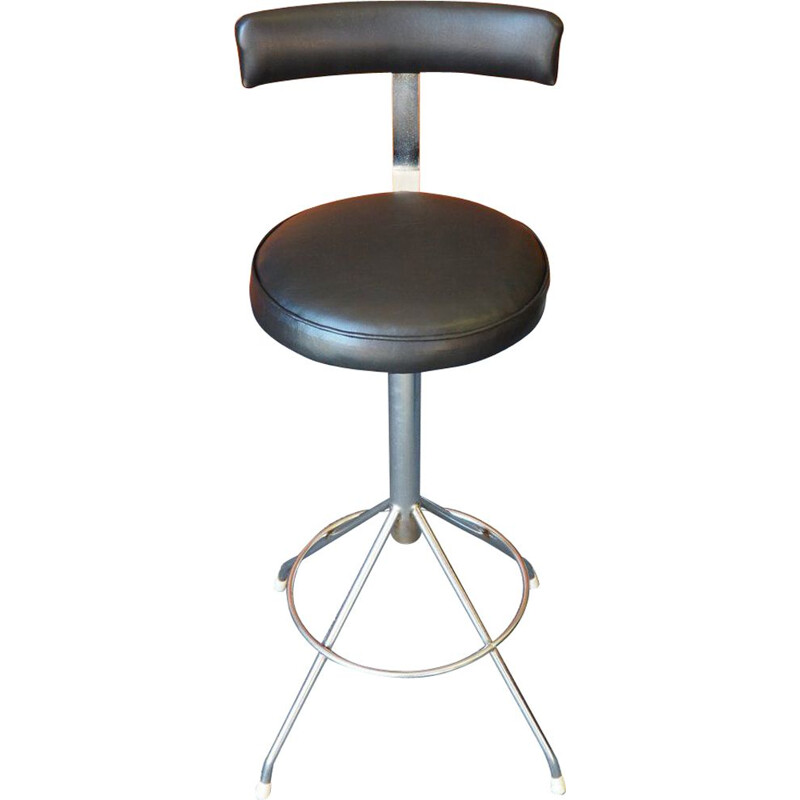 Vintage industrial factory stool in padded black vinyl