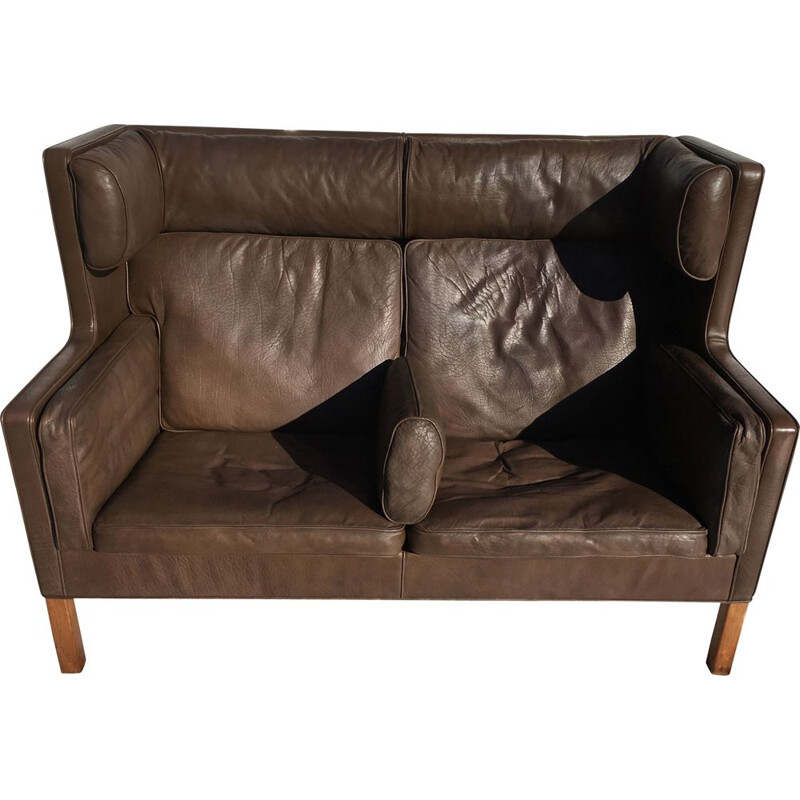 Brown leather 2 seater vintage high back sofa by Borge Mogensen