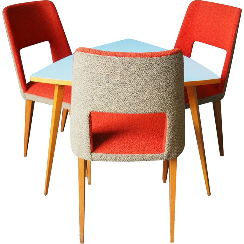 Ensemble à repas vintage orange avec 3 chaises, 1960