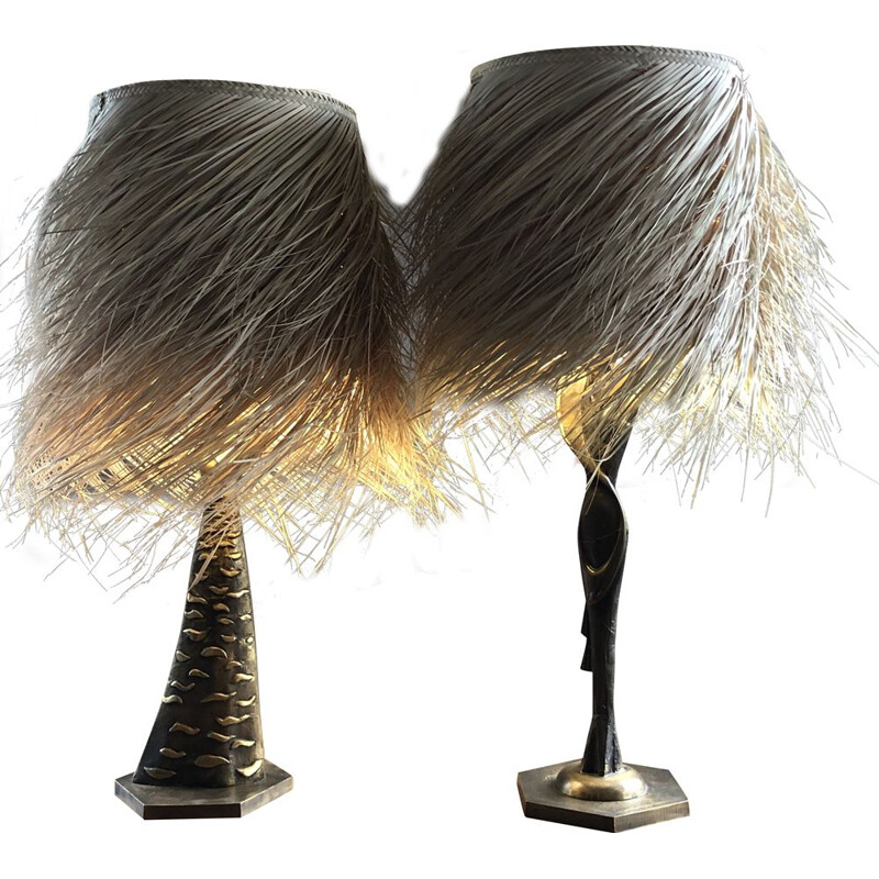 Pair of vintage bronze lamps with palm fiber shade by Ottaviani 1960