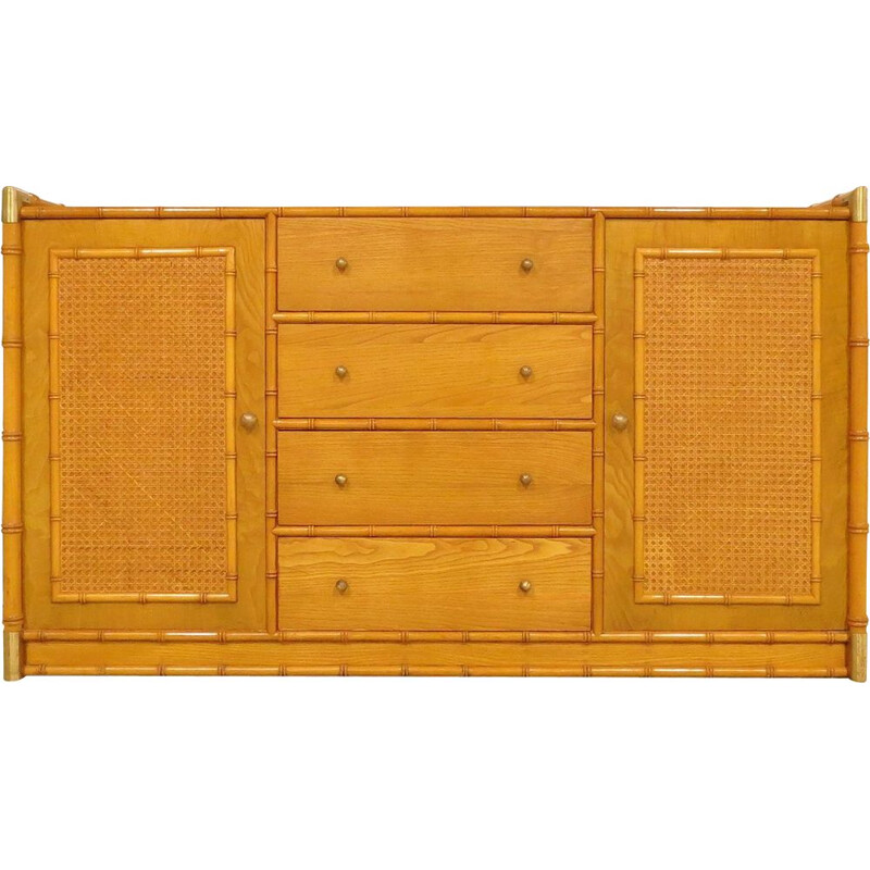 Vintage faux bamboo sideboard with rattan and brass details, 1970s