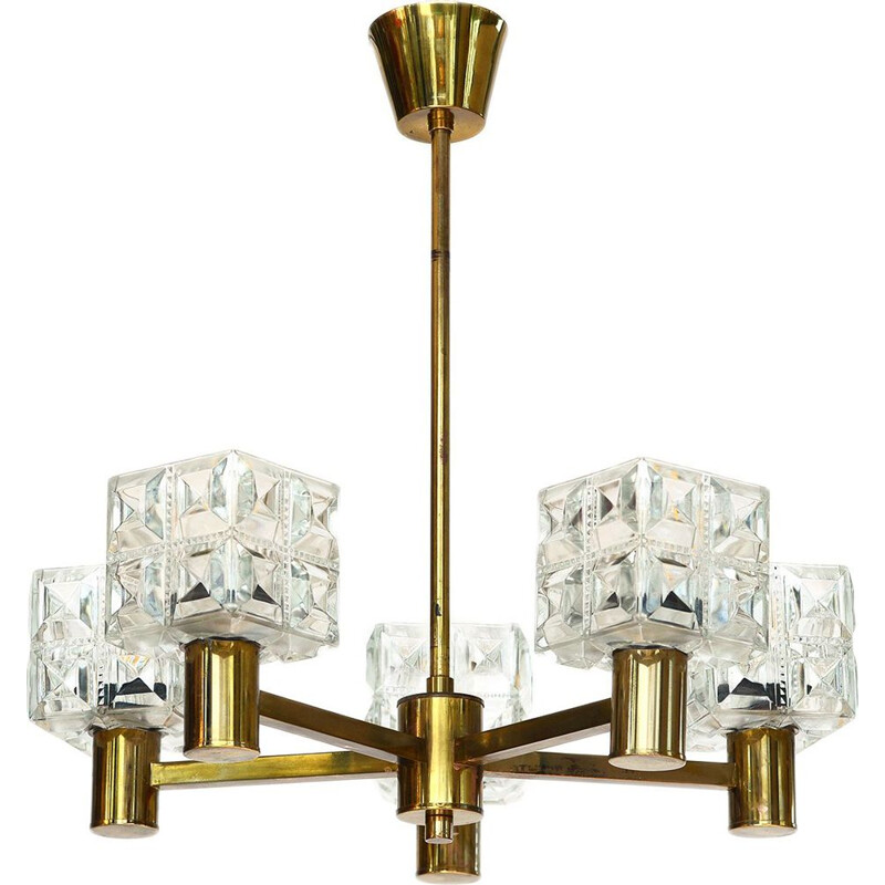 Five arm brass vintage chandelier with crystal shades from Tyringe Konsthantverk, Sweden, 1950s